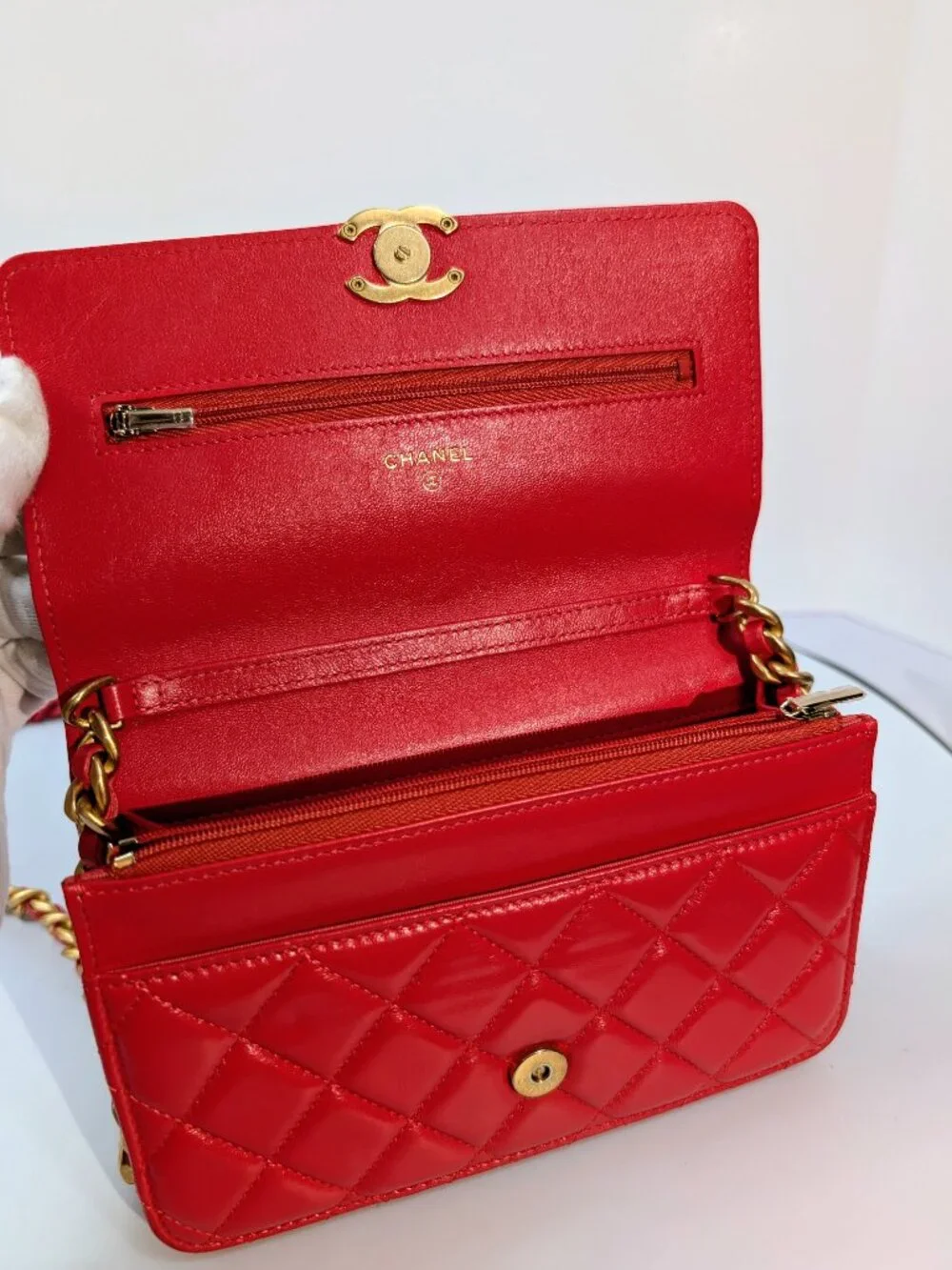 Chanel Bright Red Lambskin Classic Wallet on Chain (WOC)
